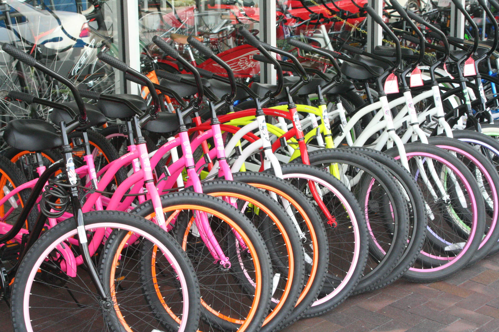 Parc de vélos de location colorés alignés devant un magasin